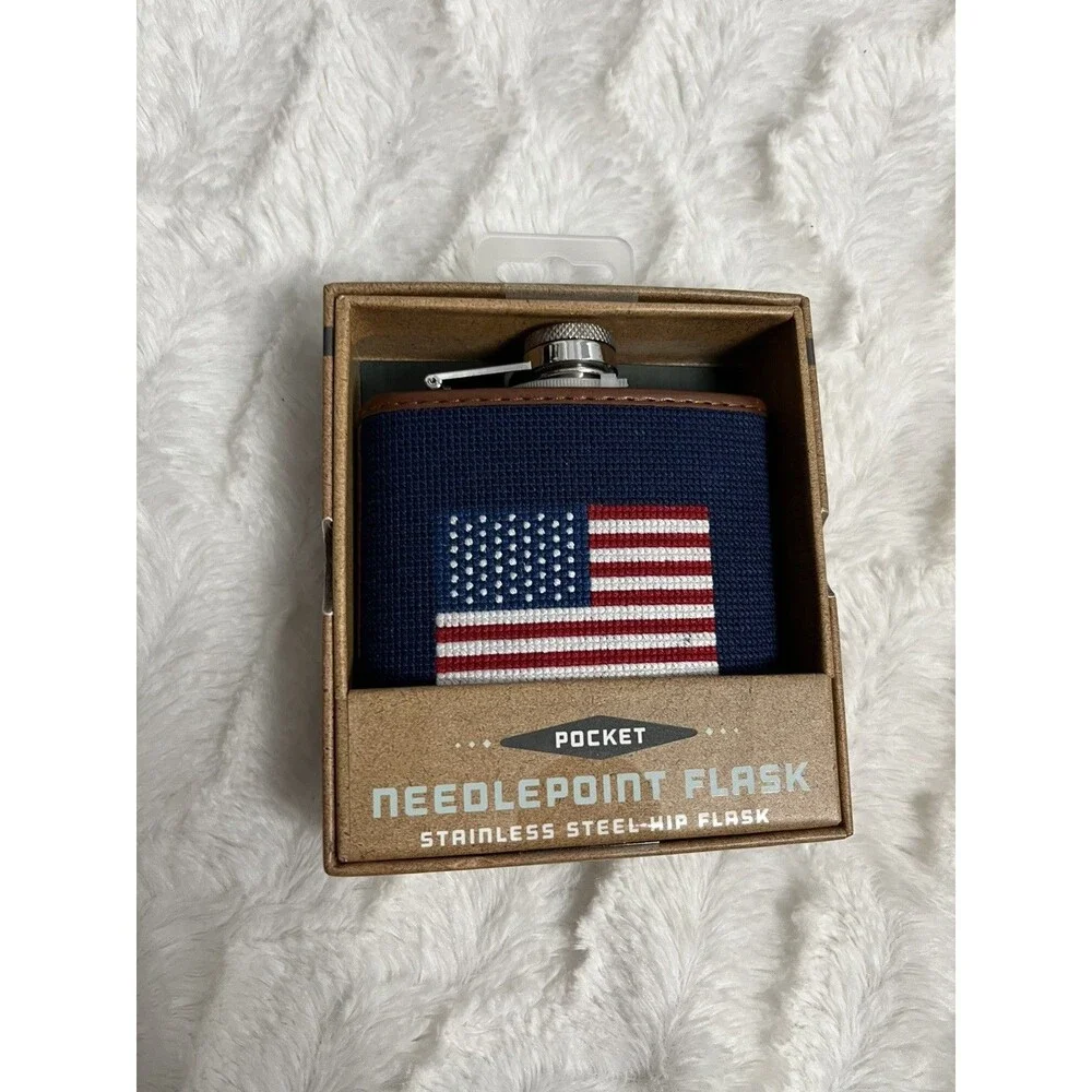 Needlepoint Flask Stars and Stripes American Flag Stainless Steel Kraftsman Co